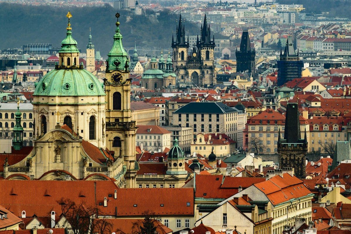 Prague Charles Bridge and Vltava River at Sunrise in Czech Republic