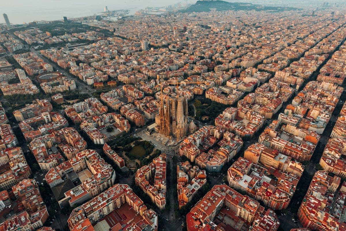 Sagrada Família Basilica and Barcelona Skyline in Spain