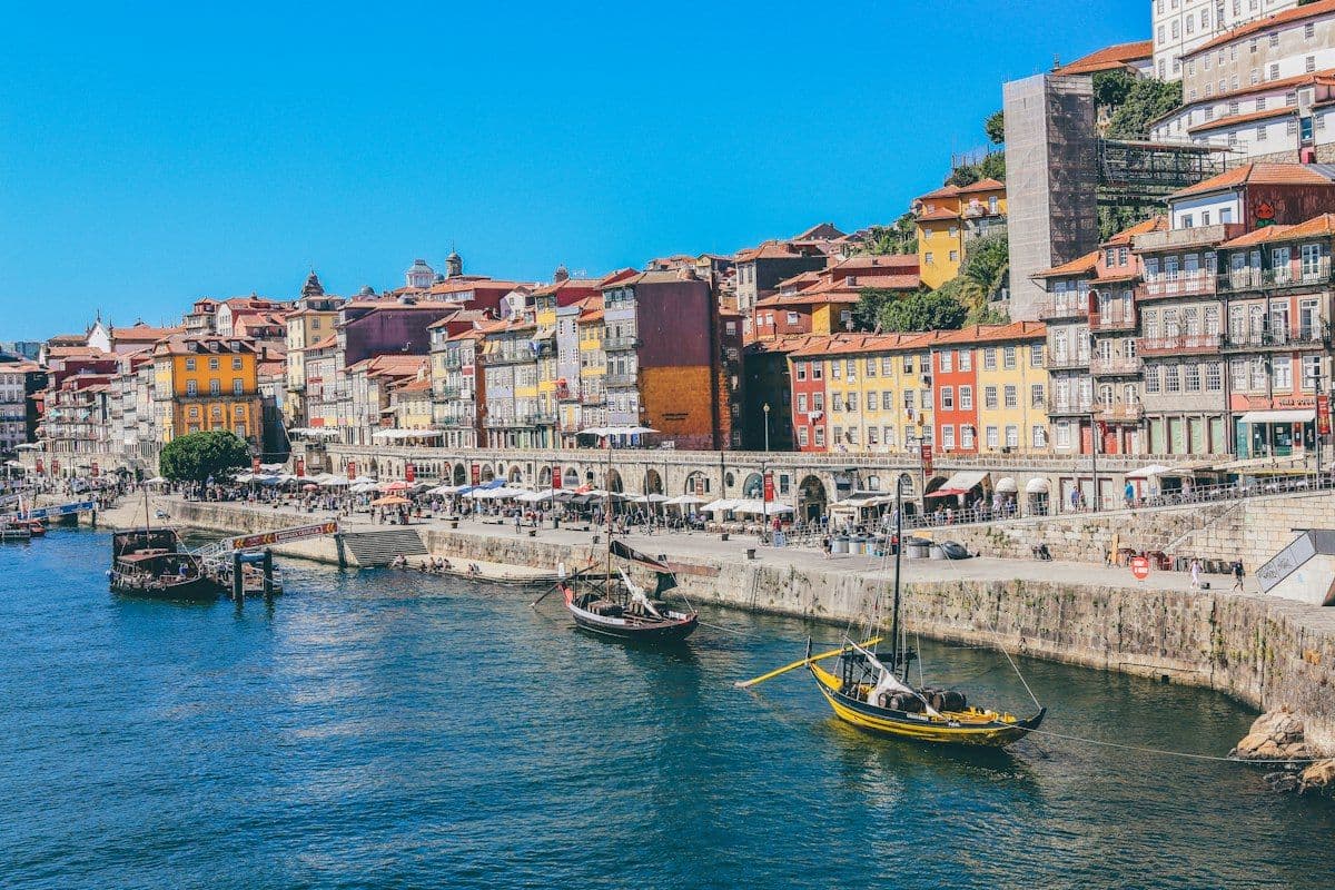 Porto Dom Luís I Bridge and Ribeira Riverfront on the Douro River in Portugal
